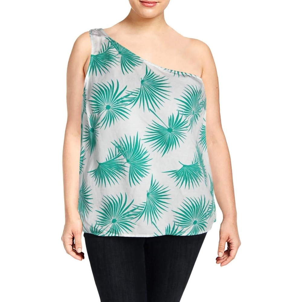 Tommy Bahama NWT LINEN White/Green Palmyria Linen Blend 1-Shoulder Top, Size 16
